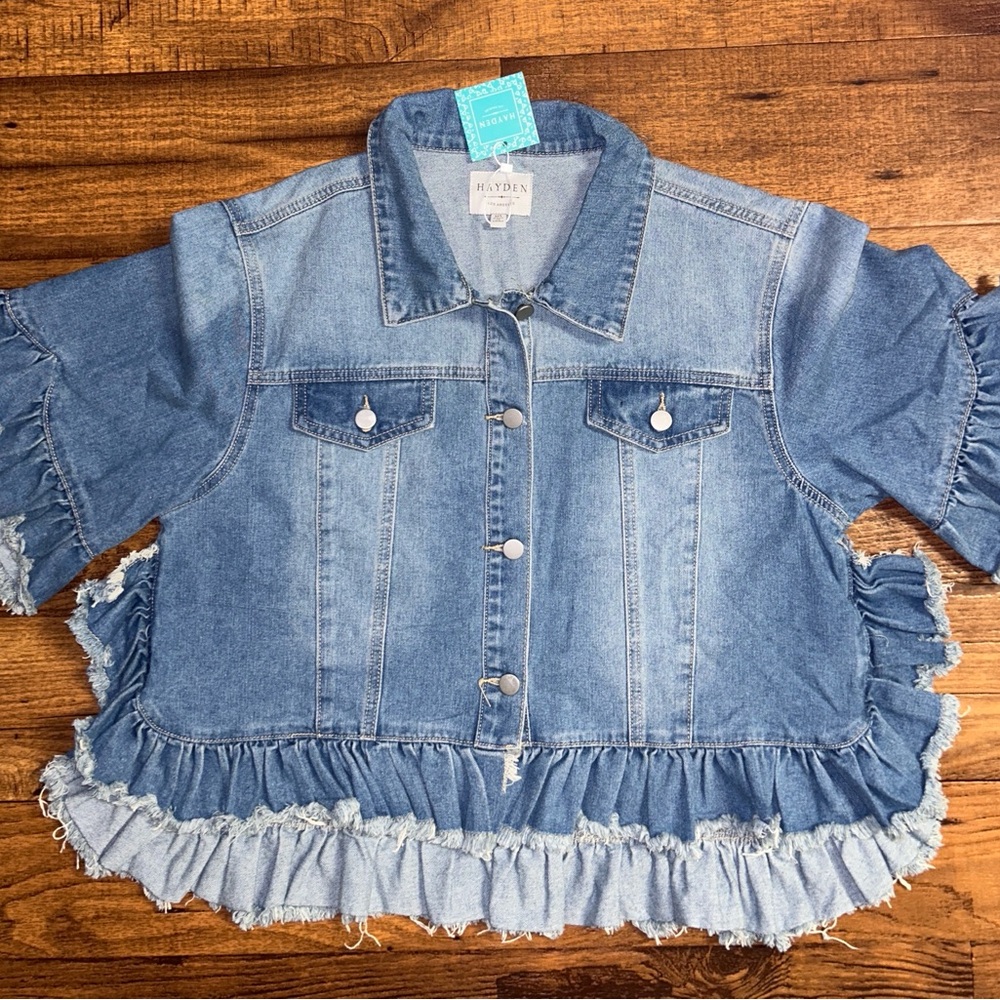 Hayden ~Medium/Large ~ Raw Edges W/ Ruffle Sleeves ~ Blue Denim Boho Jacket ~New - Picture 4 of 9
